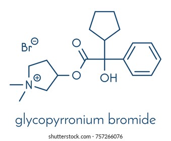 Glycopyrronium bromide (glycopyrrolate) COPD drug molecule. Has additional medical uses as well. Skeletal formula.