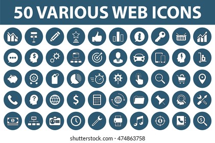 Glyph business icons on round  blue background. Commerce, business, economics, office and network icons.