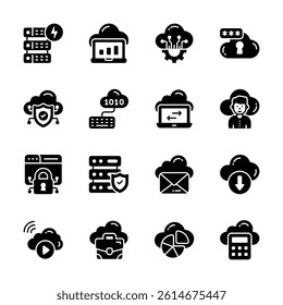 A glyph collection of cloud technology icons, ready for premium use