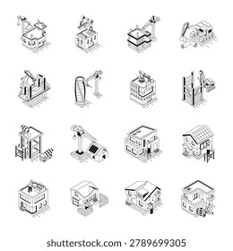 Glyph construction illustration set featuring build sites, cranes, home repairs, flooring, landscaping, civil work, house projects.

