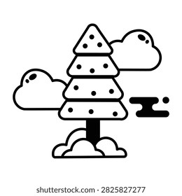 Glyph evergreen tree surrounded by low gray fog and mist.