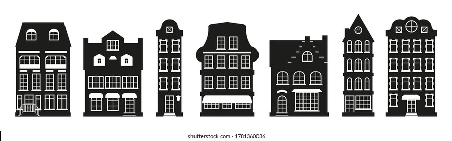 Glyph houses silhouette Amsterdam set. Graphic icon townhouse, european stayle. Black urban and suburban home cottage. Different architecture building tall town. Isolated on white vector illustration