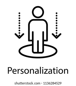 Glyph human standing on a stage with arrows pointing down, making an icon for personalization 