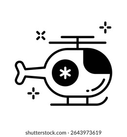 A glyph icon of air rescue helicopter with medical cross
