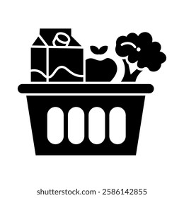 Glyph icon basket with a variety of healthy foods. Such as milk, apples, and broccoli.