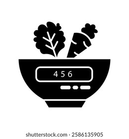  Glyph Icon bowl with digital scale button and vegetables on top, healthy diet and portion management concept