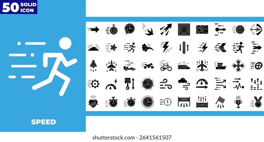 glyph icon collection. Containing fast, slow, movement, productivity, indicator, turbo, speeding, gauge, express and speedometer icons. Solid icon collection