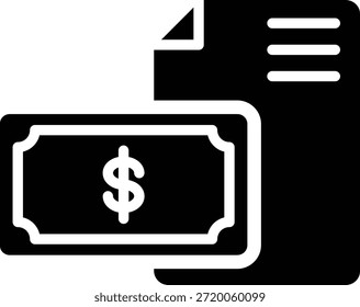 Glyph icon of dollar bill with document representing financial records and transaction logs.