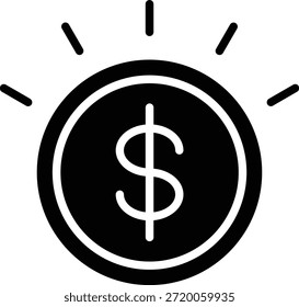 Glyph icon of dollar coin with rays symbolizing financial profit and monetary gain.