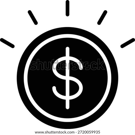 Glyph icon of dollar coin with rays symbolizing financial profit and monetary gain.