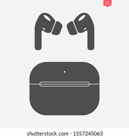 glyph icon of the new model of wireless headphones with charging case in the flat style isolated on grey background. earphones symbol. stock vector illustration