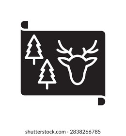 Glyph icon of a paper map displaying pine trees and a deer head, symbolizing hunting territory and outdoor navigation.