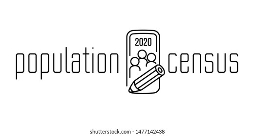 Glyph Icon Of Population Census. Vector Logo. Combination Of Smartphone, Pictogram Of People And Scribe's Pencil. Linear Drawing And Thin Typographic Text.  Simple Black Elements On A White Background