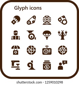  glyph icon set. 16 filled glyph icons. Simple modern icons about  - Parachute, Timing belt, Hamster wheel, Reading, French horn, Lobster, Radar, Clamp, Jam, Salesman