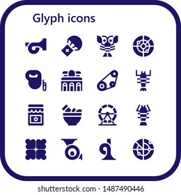 glyph icon set. 16 filled glyph icons.  Collection Of - French horn, Parachute, Lobster, Radar, Leash dog, Museum, Timing belt, Jam, Mortar, Hamster wheel, Reduce