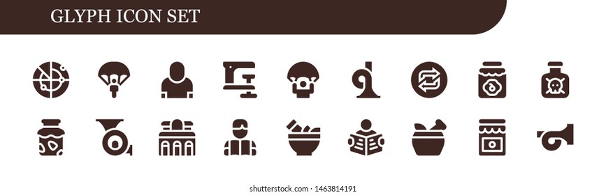 glyph icon set. 18 filled glyph icons.  Simple modern icons about  - Radar, Parachute, Salesman, Clamp, French horn, Loop, Jam, Toxic, Museum, Reading, Mortar, Read