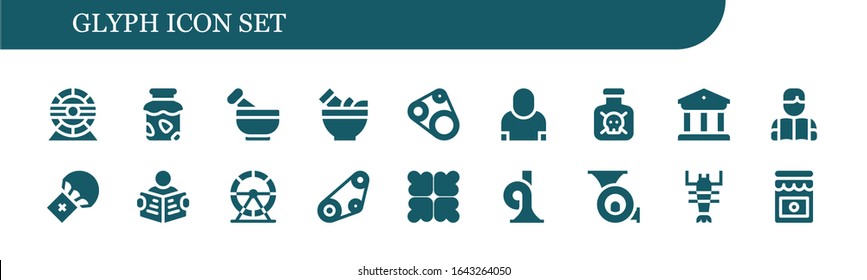 glyph icon set. 18 filled glyph icons. Included Hamster wheel, Jam, Mortar, Timing belt, Salesman, Toxic, Museum, Reading, Parachute, Read, Reduce, French horn, Lobster icons