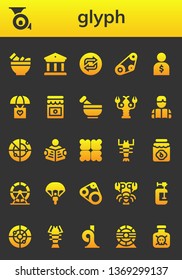 glyph icon set. 26 filled glyph icons.  Collection Of - Mortar, French horn, Museum, Loop, Timing belt, Salesman, Parachute, Jam, Lobster, Reading, Radar, Read, Reduce, Hamster wheel