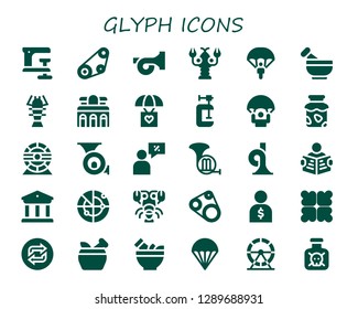  glyph icon set. 30 filled glyph icons. Simple modern icons about  - Clamp, Timing belt, French horn, Lobster, Parachute, Mortar, Museum, Jam, Hamster wheel, Salesman, Read, Radar