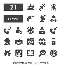 glyph icon set. Collection of 21 filled glyph icons included Baht, Reload, Read, Minibar, Pistol, Clamp, Customer service, Phone call, Museum, Radar, Reduce, Cockroach, Hub, Dispersion