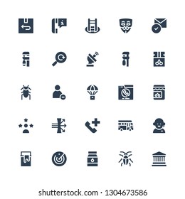 glyph icon set. Collection of 25 filled glyph icons included Museum, Cockroach, Jam, Radar, Paint can, Customer service, School bus, Phone call, Dispersion, Influencer, Parachute