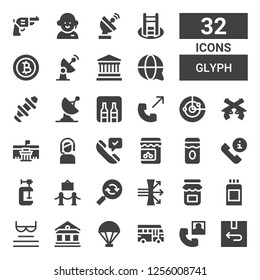 glyph icon set. Collection of 32 filled glyph icons included Return, Phone call, School bus, Parachute, Museum, Read, Paint can, Jam, Dispersion, Reload, Clamp, Customer service