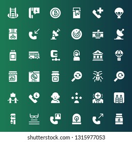 glyph icon set. Collection of 36 filled glyph icons included Jam, Phone call, Incubator, Read, Clamp, Minibar, Positive, Influencer, Customer service, Museum, Reload, Cockroach