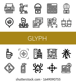 glyph icon set. Collection of Shredder, Fire location, Director, Weighlifter, Airdrop, Script, Price list, Graphic designer, Parachute, Cup carrier, Walkie talkie, Merge icons