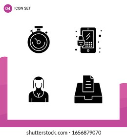 Glyph Icon set. Pack of 4 Solid Icons isolated on White Background for responsive Website Design Print and Mobile Applications.