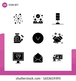 Symbolsatz für die Glyphe. Paket mit 9 Soliden Icons einzeln auf weißem Hintergrund für reaktionsfähiges Website Design Print und Mobile Anwendungen.