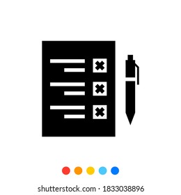Glyph Icon of Survey Document or Checklist with Pen Symbol, Vector and Illustration.