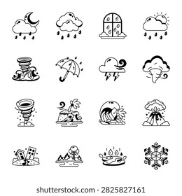 Glyph icons featuring severe weather, rain, floods, storms, natural disasters, volcanoes, earthquakes, wildfires, hail, snow conditions. 