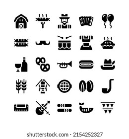 Glyph Icons Including Barn, Barbecue, Bavarian, Accordion, Ballon, Sausage, Mustache, Drum, Dirndl, Pie, Wine, Pretzel, Trumpet, Hotdog, Tyrolean, Wheat, Lobster, Grill, Pistachio, Pipe, Etc