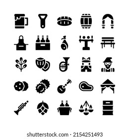 Glyph Icons Including Beer, Opener, Bread, Barrel, Braid, Apron, Ham, Bench, Leaf, Hazelnut, Tuba, Lederhosen, Gnome, Cookie, Cap, Banjo, Meat, Tent, Clarinet, Hop, Bucket, Chandelier, Keg 