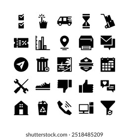 Glyph Icons Including Check, Click, Cargo, Time, Trolley, Coupon, Graph, Location, Print, Message, Send, Remove, Images, Badge, Calendar, Setting, Shoes, Dislike, Like, Chat, Home, Trash, Call, Etc.