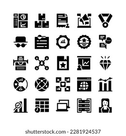 Glyph Icons Including Dashboard, Package, Invoice, Advertising, Achievement, Spy, Keyword, Optimization, Brand, Feedback, Typewriter, Affiliate, Bookmark, Seo, Diamond, Infographic, Internet, Media