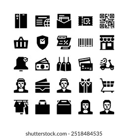 Glyph Icons Including Gadget, Website, Invoice, Voucer, Qr Code, Basket, Shield, Discount, Barcode, Store, Notification, Money, Tag, Credit Card, Delivery, Wallet, Customer service, Gift, Cart, Etc.