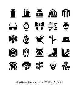 Glyph Icons Including Lantern, Tea, Jam, Wool Hat, Raincoat, Glasses, Wristwatch, Bow, Wind, Beetroot, Bee, Oil Lamp, Bird, Branch, Hat, Hoodie, Trench Coat, Racoon, Boot, Squirrel, Fox, Tree, Etc