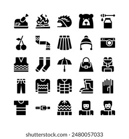 Glyph Icons Including Turkey, Campfire, Hedgehog, Bear, Honey, Cherry, Scarf, Skirt, Winter Hat, Camera, Vest, Socks, Umbrella, Handbag, Backpack, Trousers, Sweater, Coat, Rain Boots, Gloves, etc 
