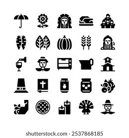 Glyph Icons Including Umbrella, Sun Flower, Native America, Roast Turkey, Gathering, Carrot, Leaf, Pumpkin, Wheat, Wine, Pilgrim, Oven, Gravy, Church, Pilgrim Hat, Bible, Cider, Honey, Berries, Etc.