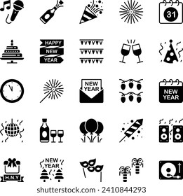 Glyph icons set for Happy new year.