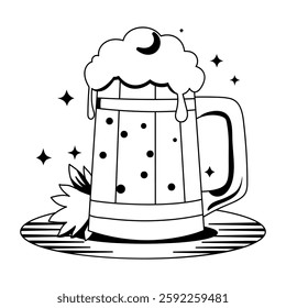 Glyph illustration of a beer mug filled with frothy beer against a night sky with stars