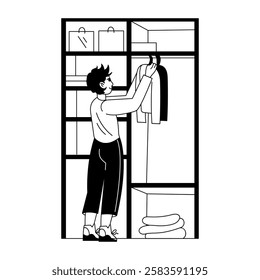 A glyph illustration of a character decluttering wardrobe 

