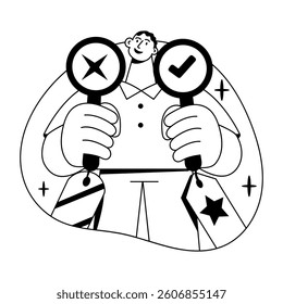 A glyph illustration of a character doing comparison of products 