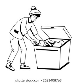 A glyph illustration of character doing dumpster diving
