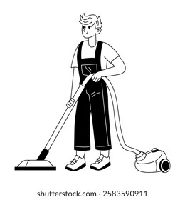 A glyph illustration of a character doing home cleaning with vacuum cleaner 

