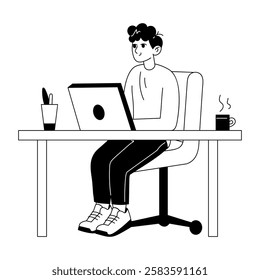 A glyph illustration of a character doing remote work 

