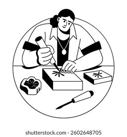 A glyph illustration of a character doing stamp carving 