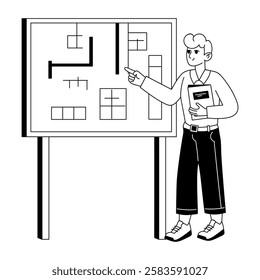 A glyph illustration of a character explaining floor plan 

