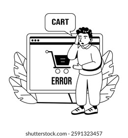 A glyph illustration of a character having cart error on ecommerce website 